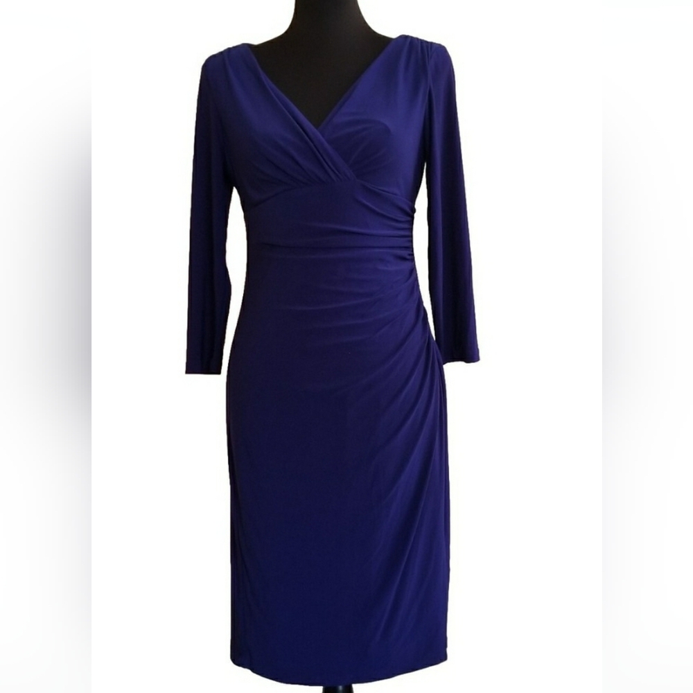 Ralph Lauren Navy Blue Faux Wrap Jersey Long Sleeve Dress Stretchy Size 14 - Picture 5 of 13
